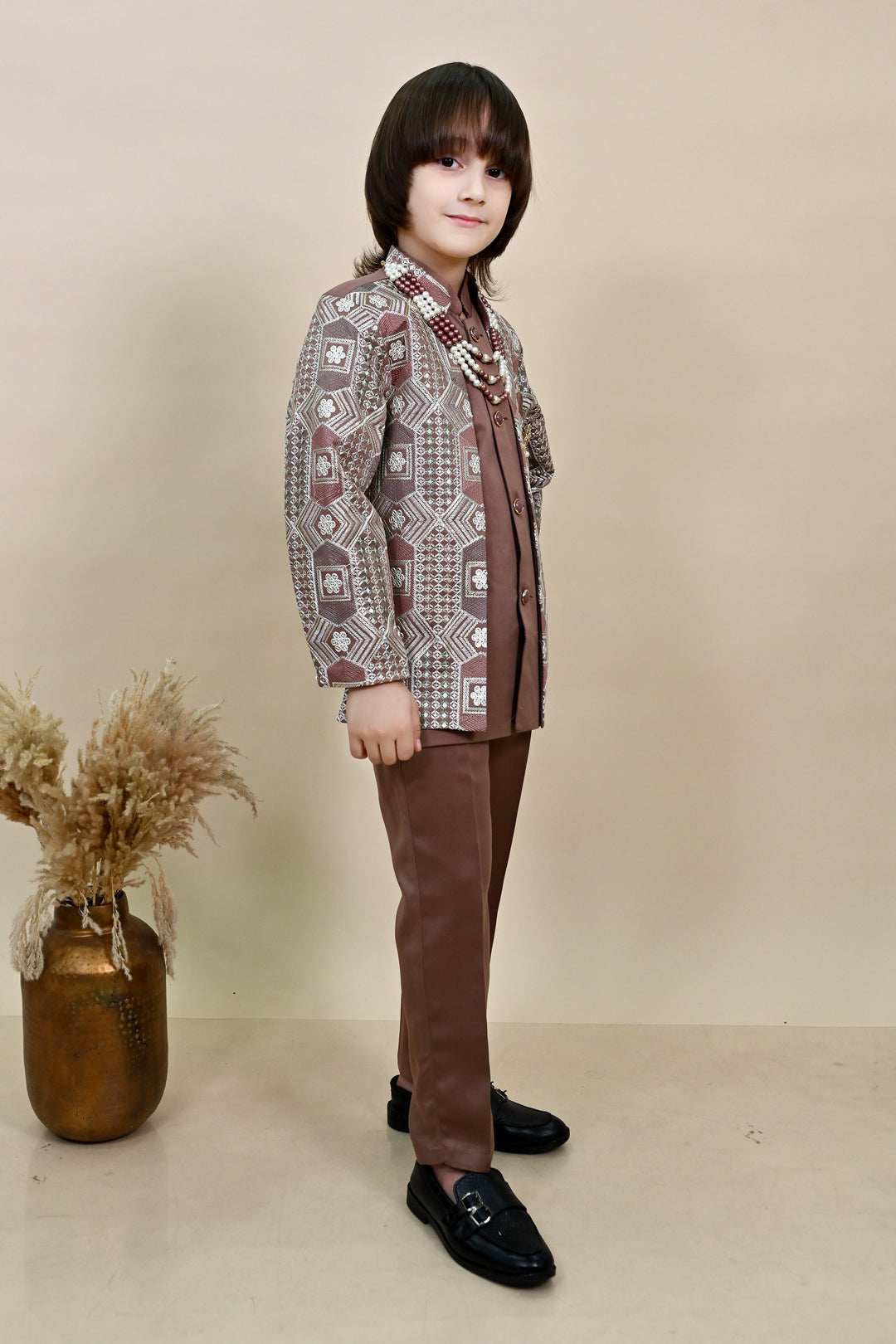 Boys Satin Sequined Embroidered Sherwani Set - Coffee Brown |SHOBITAM