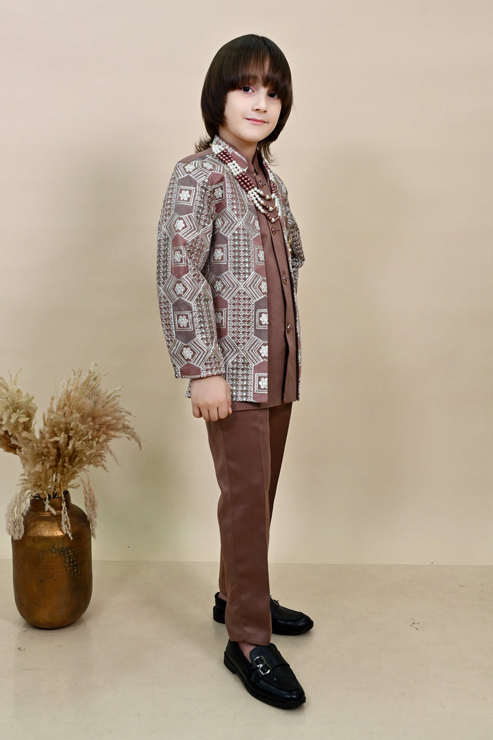 Boys Satin Sequined Embroidered Sherwani Set - Coffee Brown |SHOBITAM