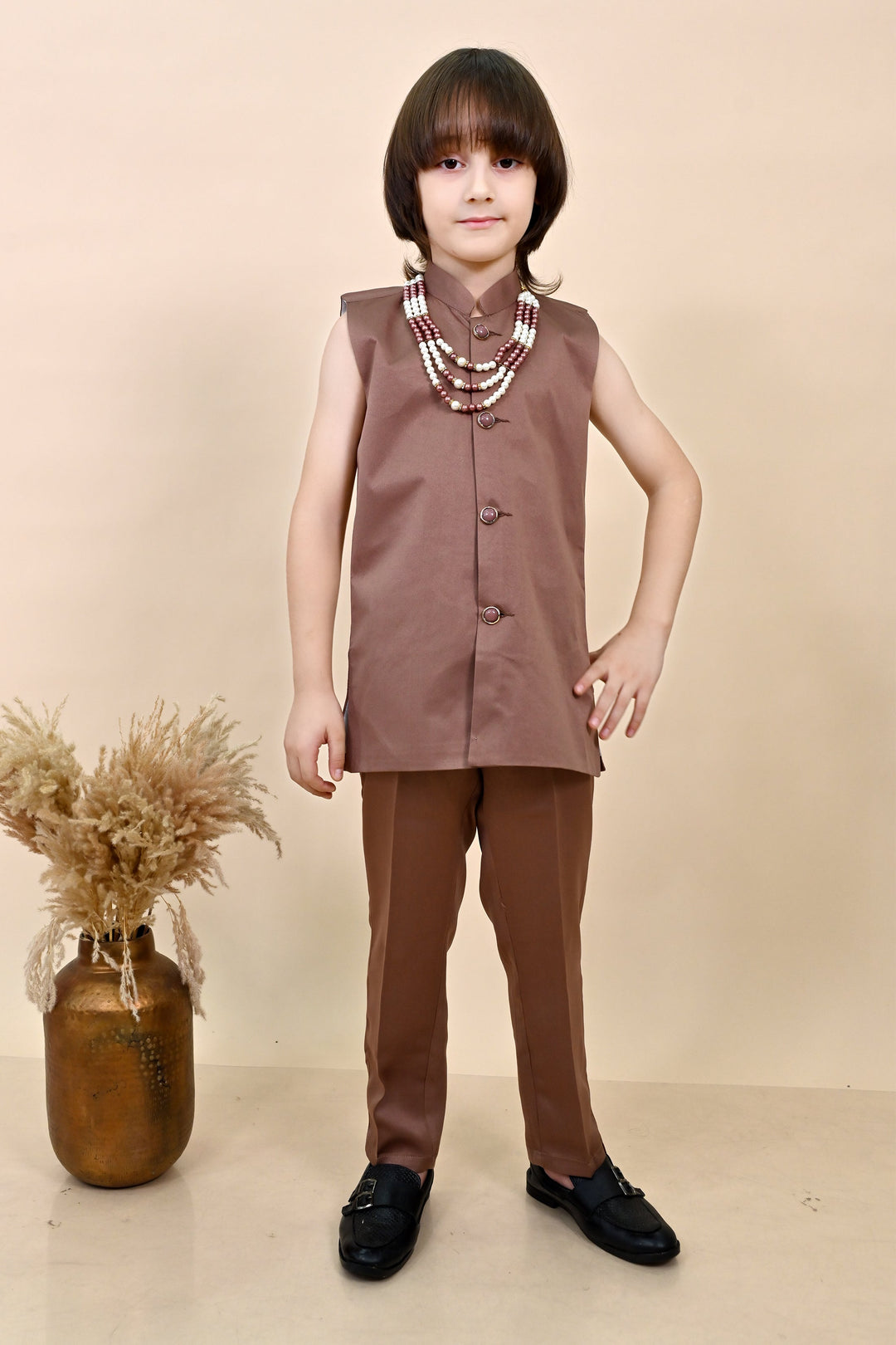 Boys Satin Sequined Embroidered Sherwani Set - Coffee Brown |SHOBITAM