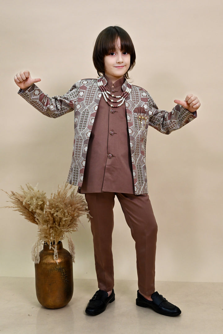 Boys Satin Sequined Embroidered Sherwani Set - Coffee Brown |SHOBITAM