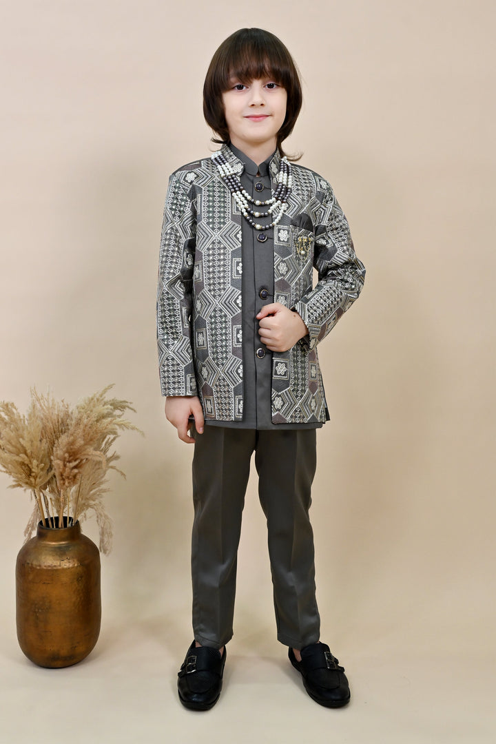 Boys Satin Sequined Embroidered Sherwani Set - Charcoal Grey  | SHOBITAM