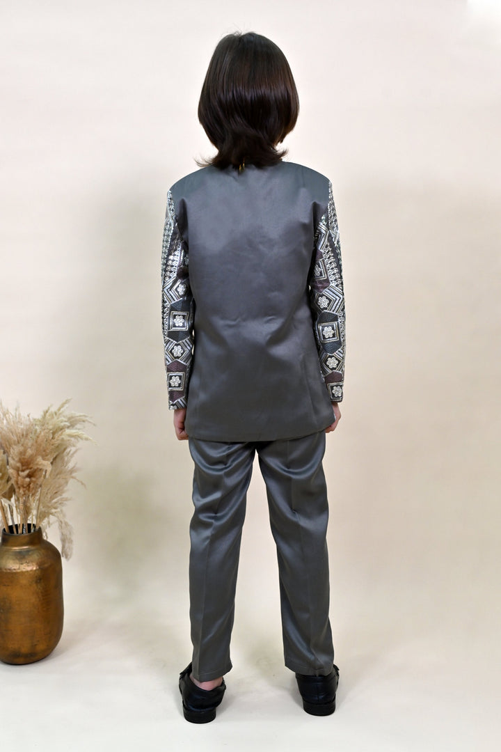 Boys Satin Sequined Embroidered Sherwani Set - Charcoal Grey  | SHOBITAM