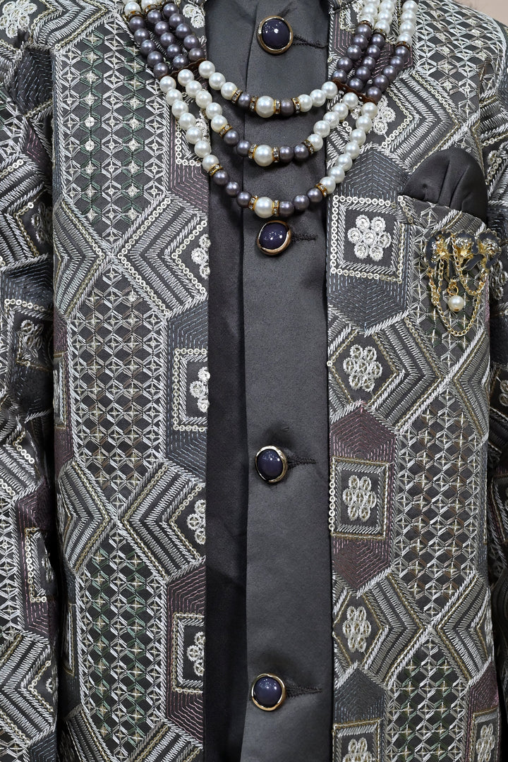 Boys Satin Sequined Embroidered Sherwani Set - Charcoal Grey  | SHOBITAM