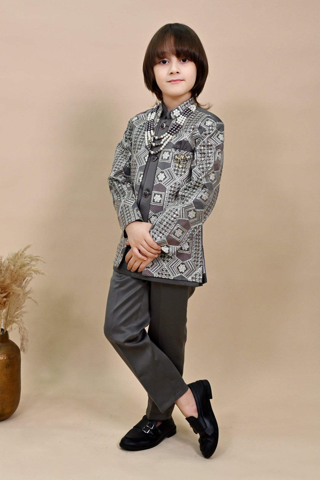 Boys Satin Sequined Embroidered Sherwani Set - Charcoal Grey  | SHOBITAM