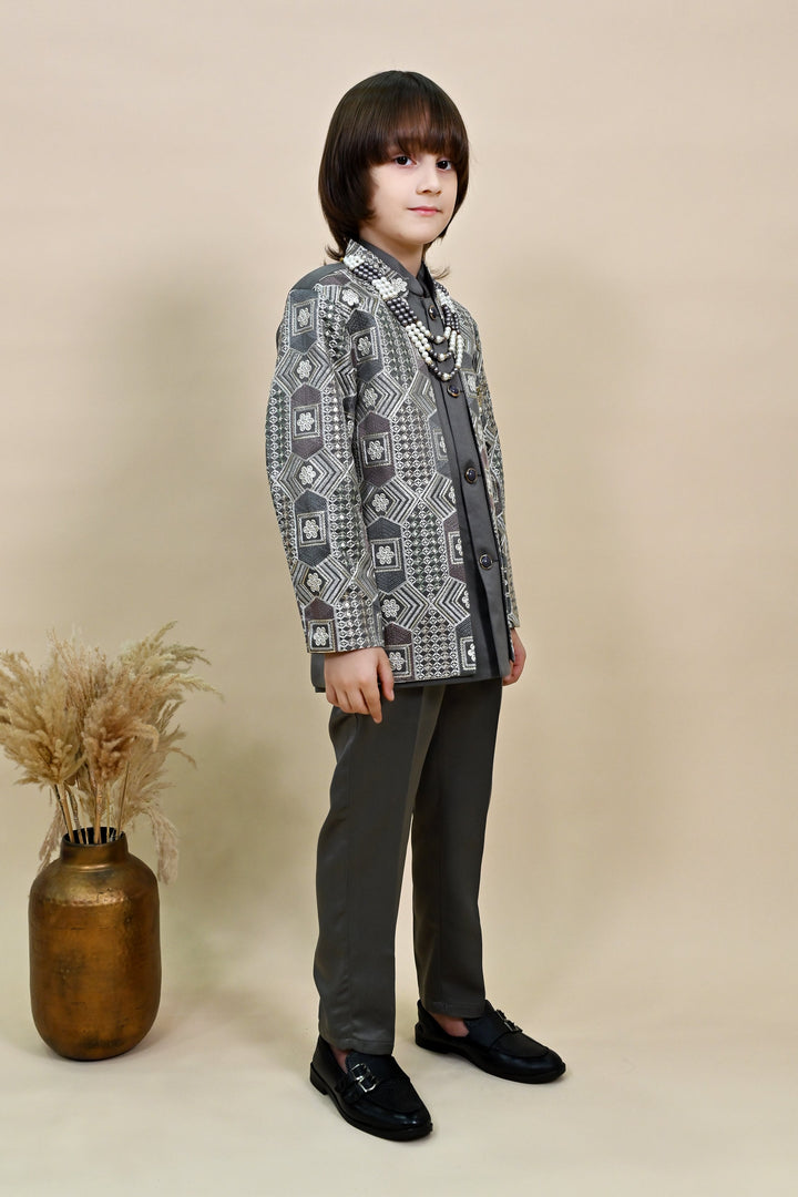 Boys Satin Sequined Embroidered Sherwani Set - Charcoal Grey  | SHOBITAM