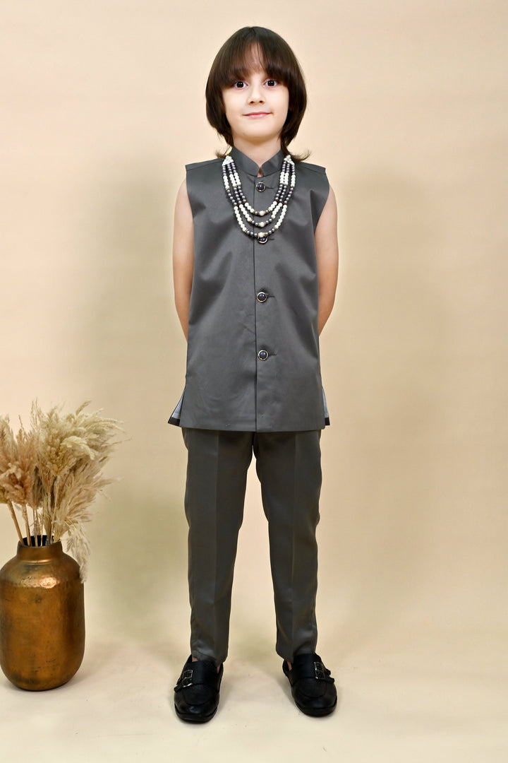 Boys Satin Sequined Embroidered Sherwani Set - Charcoal Grey  | SHOBITAM