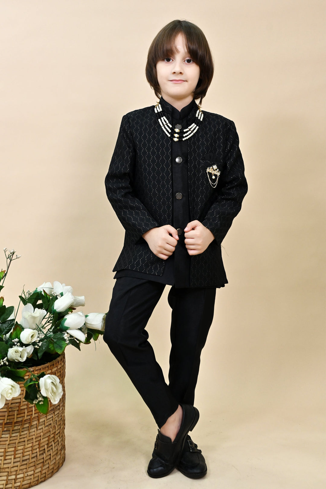 Boys Silk Blend Zigzag Jacquard Embroidered Sherwani Set - Black | SHOBITAM