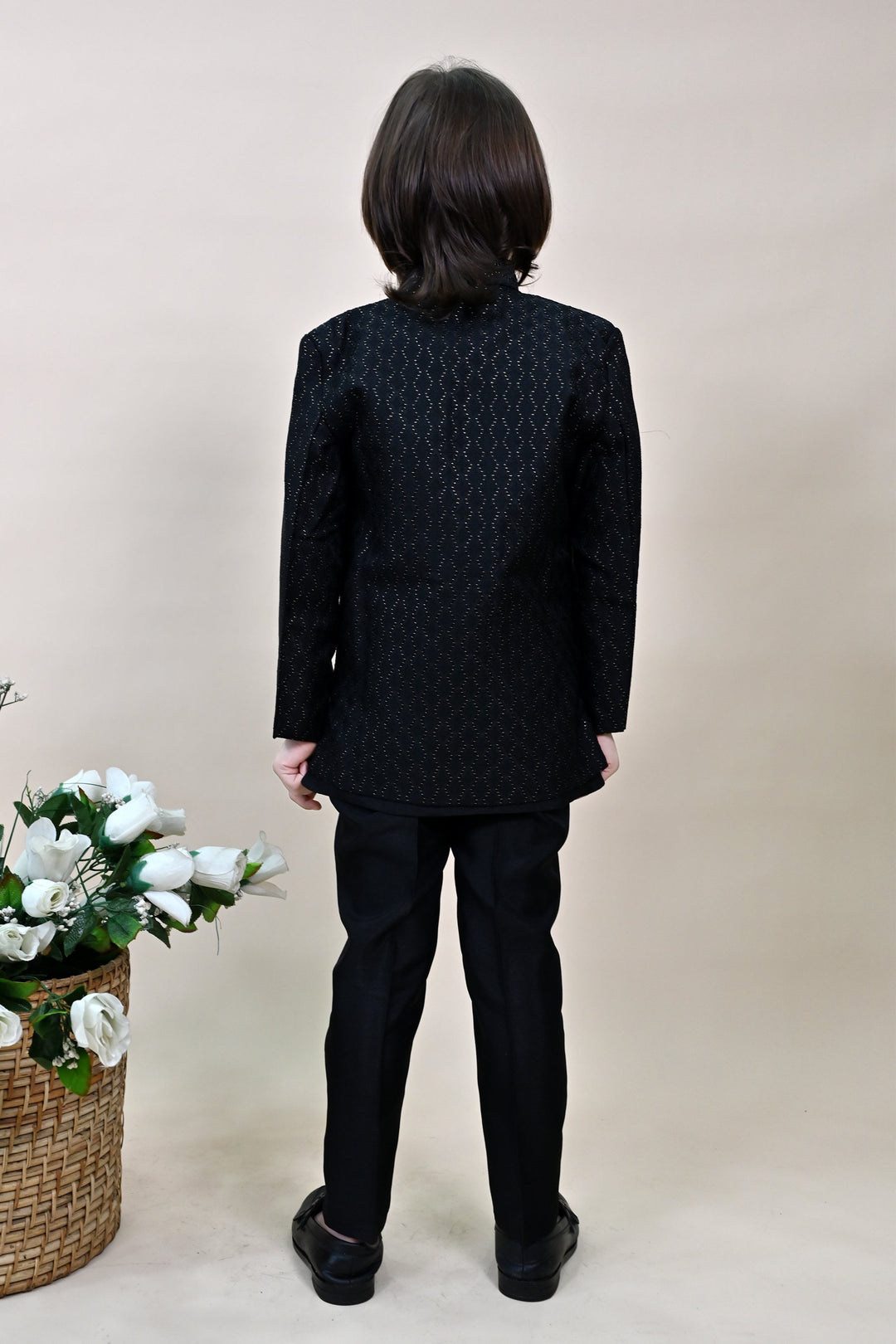 Boys Silk Blend Zigzag Jacquard Embroidered Sherwani Set - Black | SHOBITAM