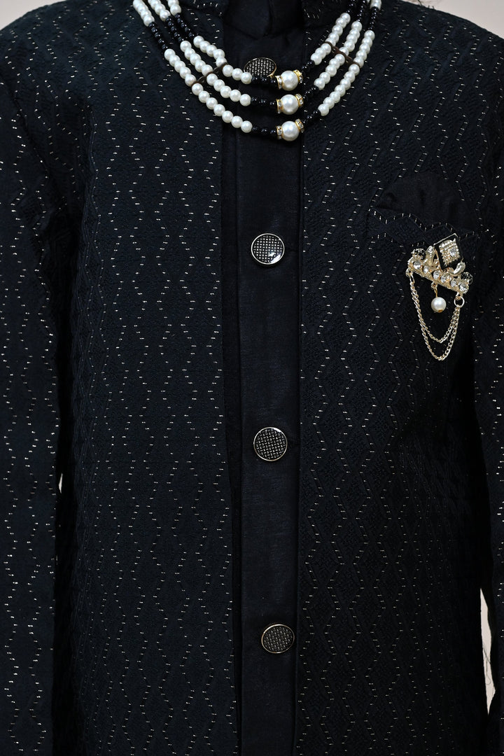 Boys Silk Blend Zigzag Jacquard Embroidered Sherwani Set - Black | SHOBITAM