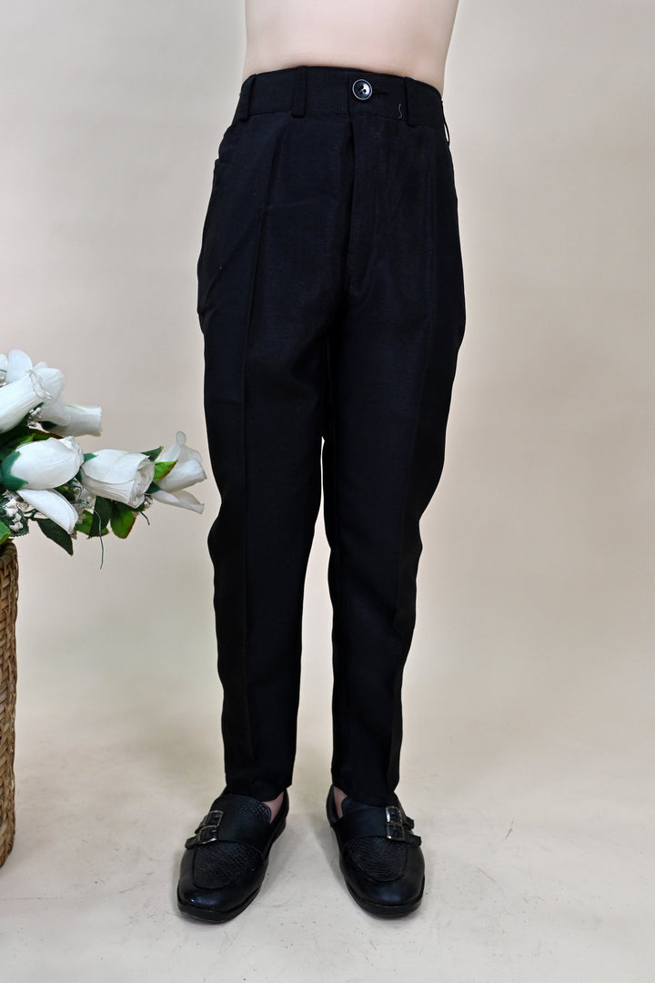 Boys Silk Blend Zigzag Jacquard Embroidered Sherwani Set - Black | SHOBITAM