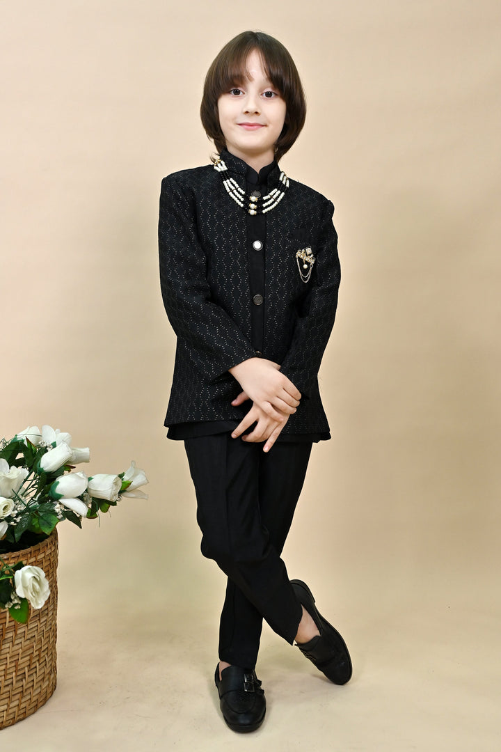 Boys Silk Blend Zigzag Jacquard Embroidered Sherwani Set - Black | SHOBITAM