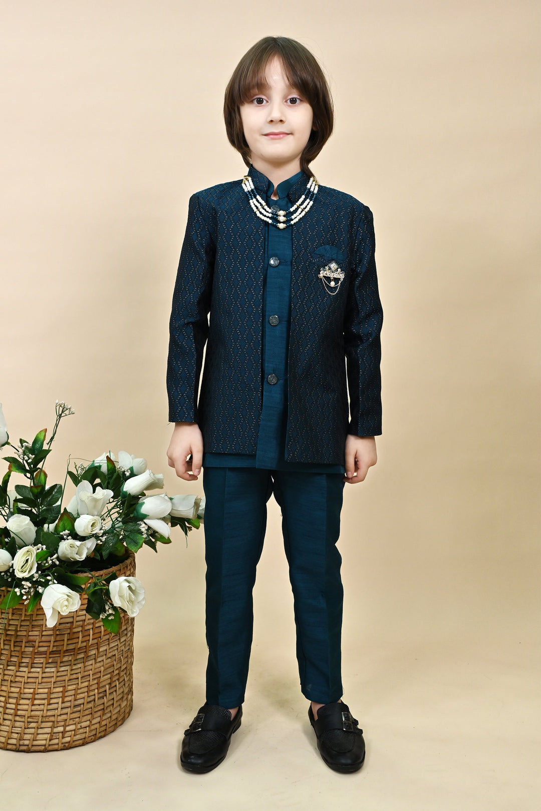 Boys Silk Blend Zigzag Jacquard Embroidered Sherwani Set - Royal Blue  | SHOBITAM