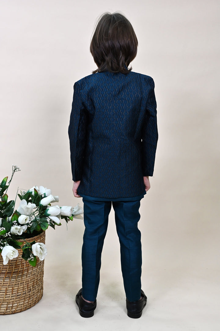 Boys Silk Blend Zigzag Jacquard Embroidered Sherwani Set - Royal Blue  | SHOBITAM