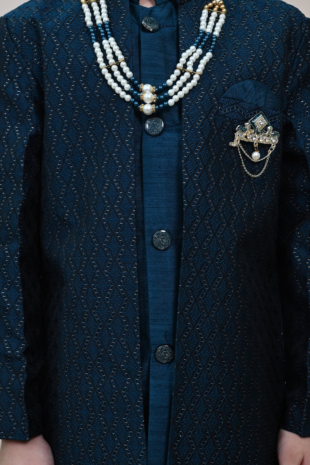 Boys Silk Blend Zigzag Jacquard Embroidered Sherwani Set - Royal Blue  | SHOBITAM