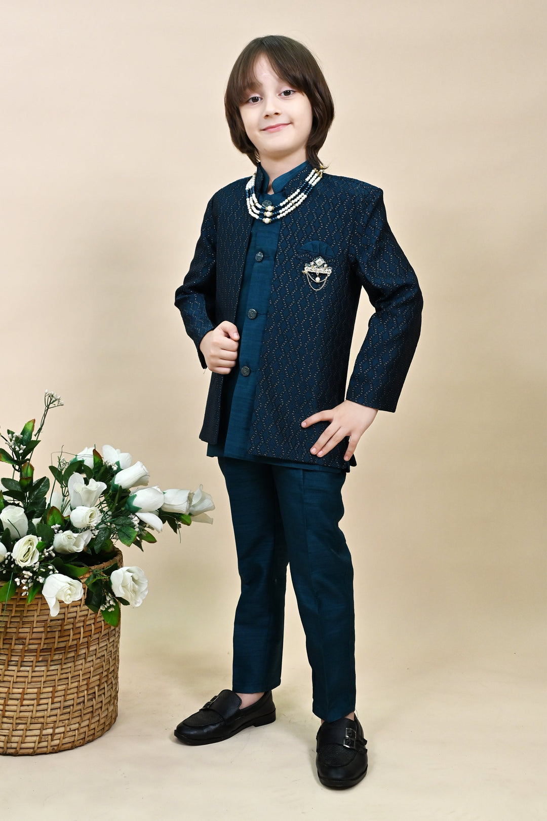 Boys Silk Blend Zigzag Jacquard Embroidered Sherwani Set - Royal Blue  | SHOBITAM