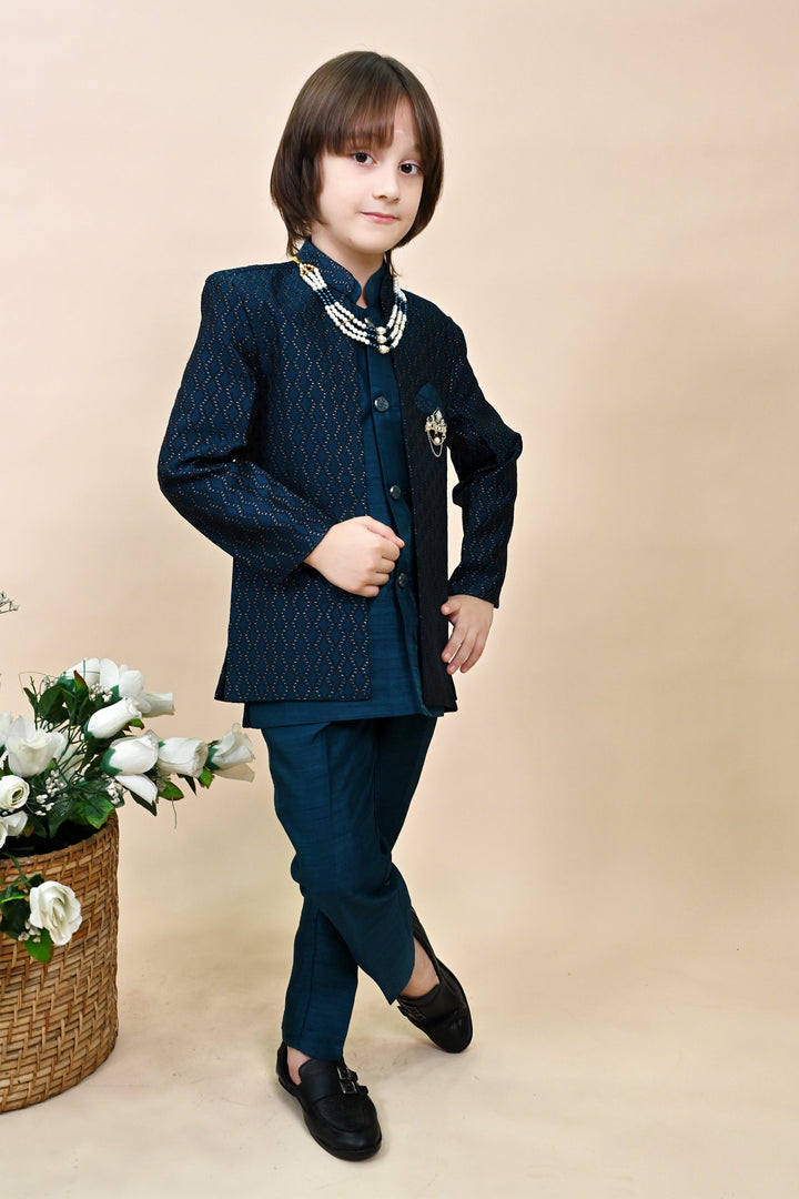 Boys Silk Blend Zigzag Jacquard Embroidered Sherwani Set - Royal Blue  | SHOBITAM