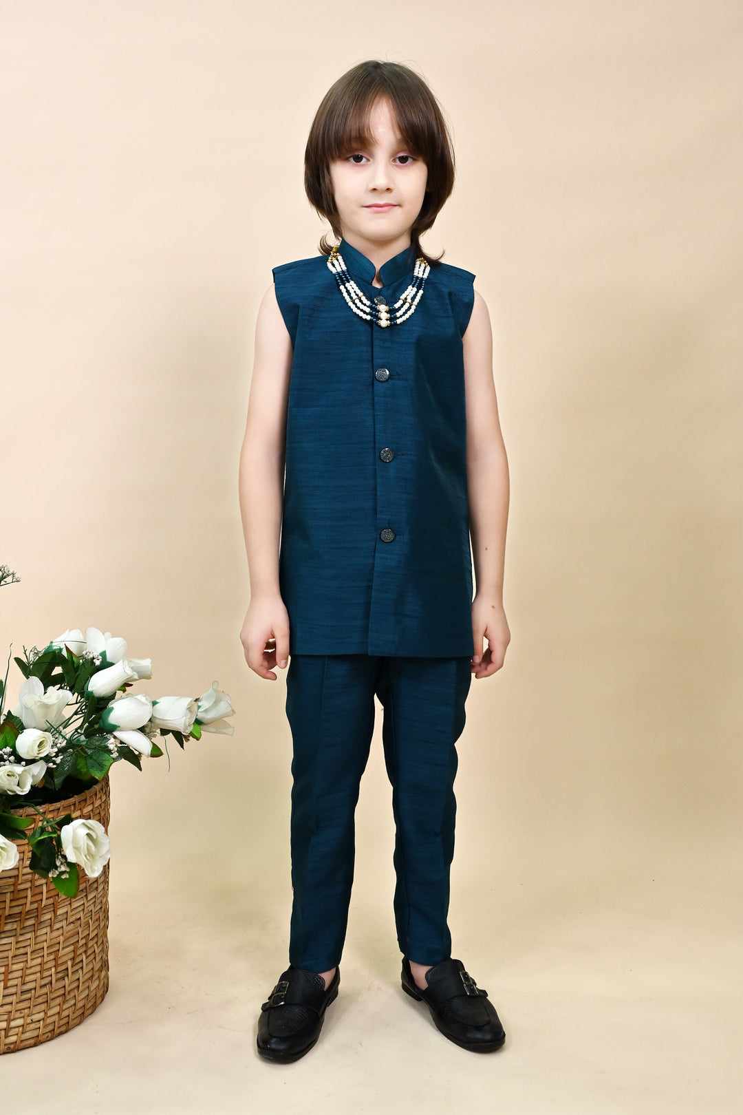 Boys Silk Blend Zigzag Jacquard Embroidered Sherwani Set - Royal Blue  | SHOBITAM