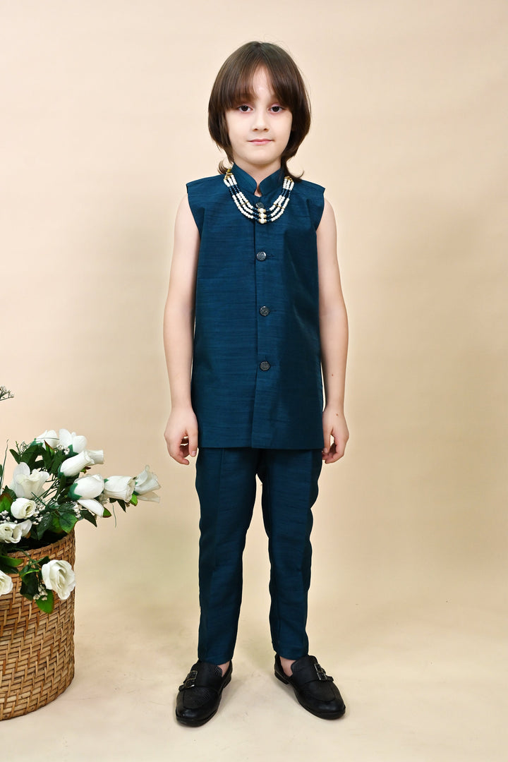 Boys Silk Blend Zigzag Jacquard Embroidered Sherwani Set - Royal Blue  | SHOBITAM