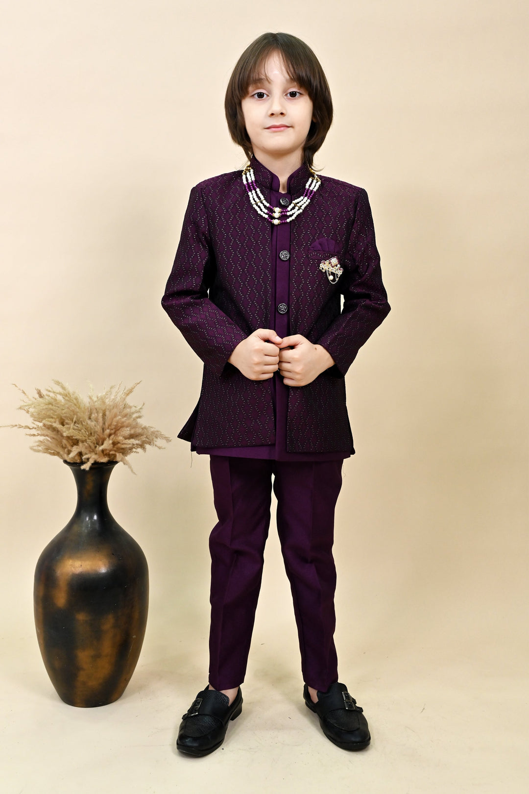 Boys Silk Blend Zigzag Jacquard Embroidered Sherwani Set - Wine  | SHOBITAM