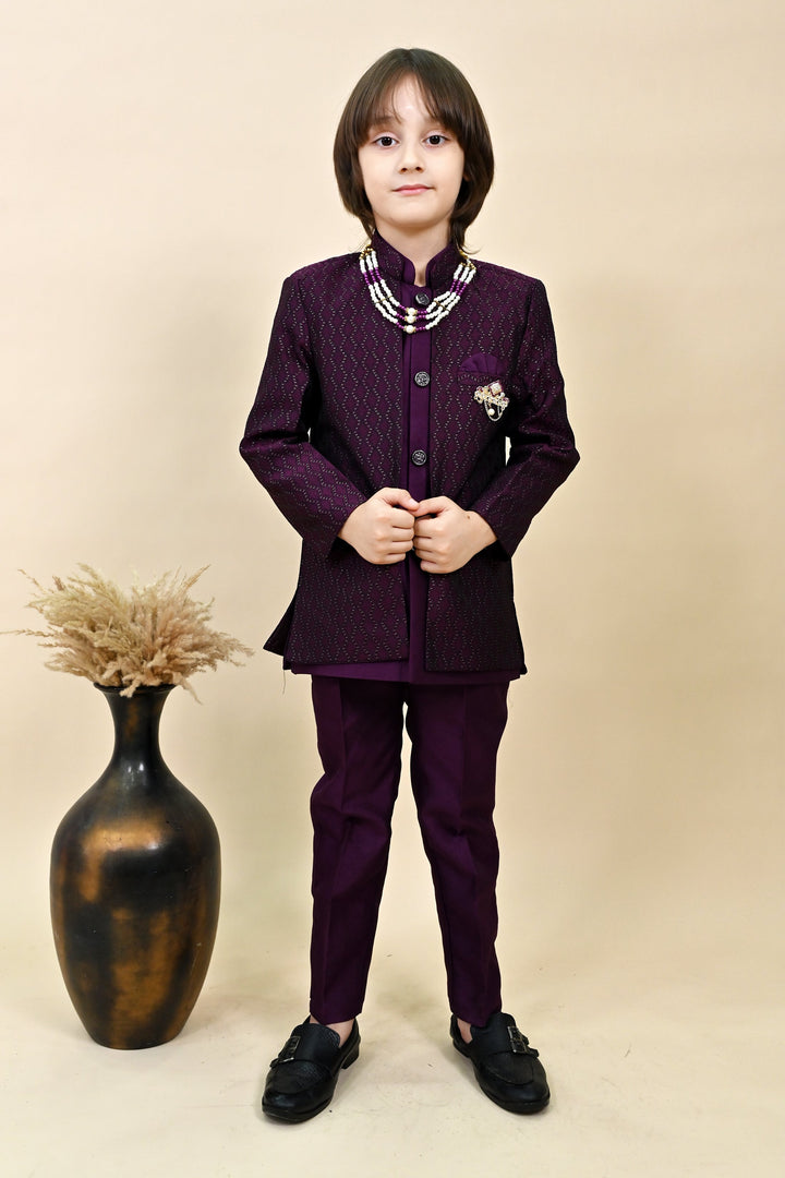 Boys Silk Blend Zigzag Jacquard Embroidered Sherwani Set - Wine  | SHOBITAM