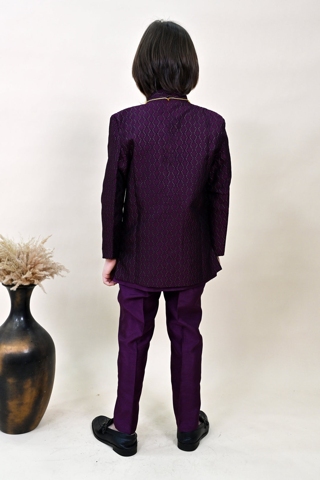 Boys Silk Blend Zigzag Jacquard Embroidered Sherwani Set - Wine  | SHOBITAM