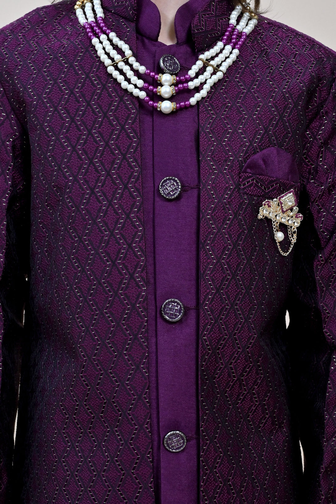 Boys Silk Blend Zigzag Jacquard Embroidered Sherwani Set - Wine  | SHOBITAM