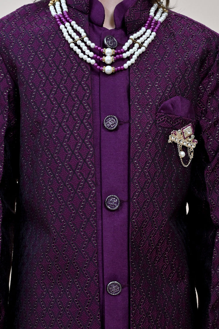 Boys Silk Blend Zigzag Jacquard Embroidered Sherwani Set - Wine  | SHOBITAM