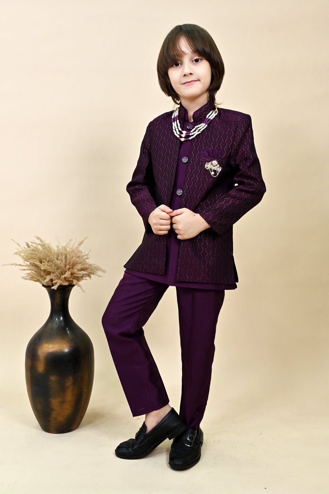 Boys Silk Blend Zigzag Jacquard Embroidered Sherwani Set - Wine  | SHOBITAM