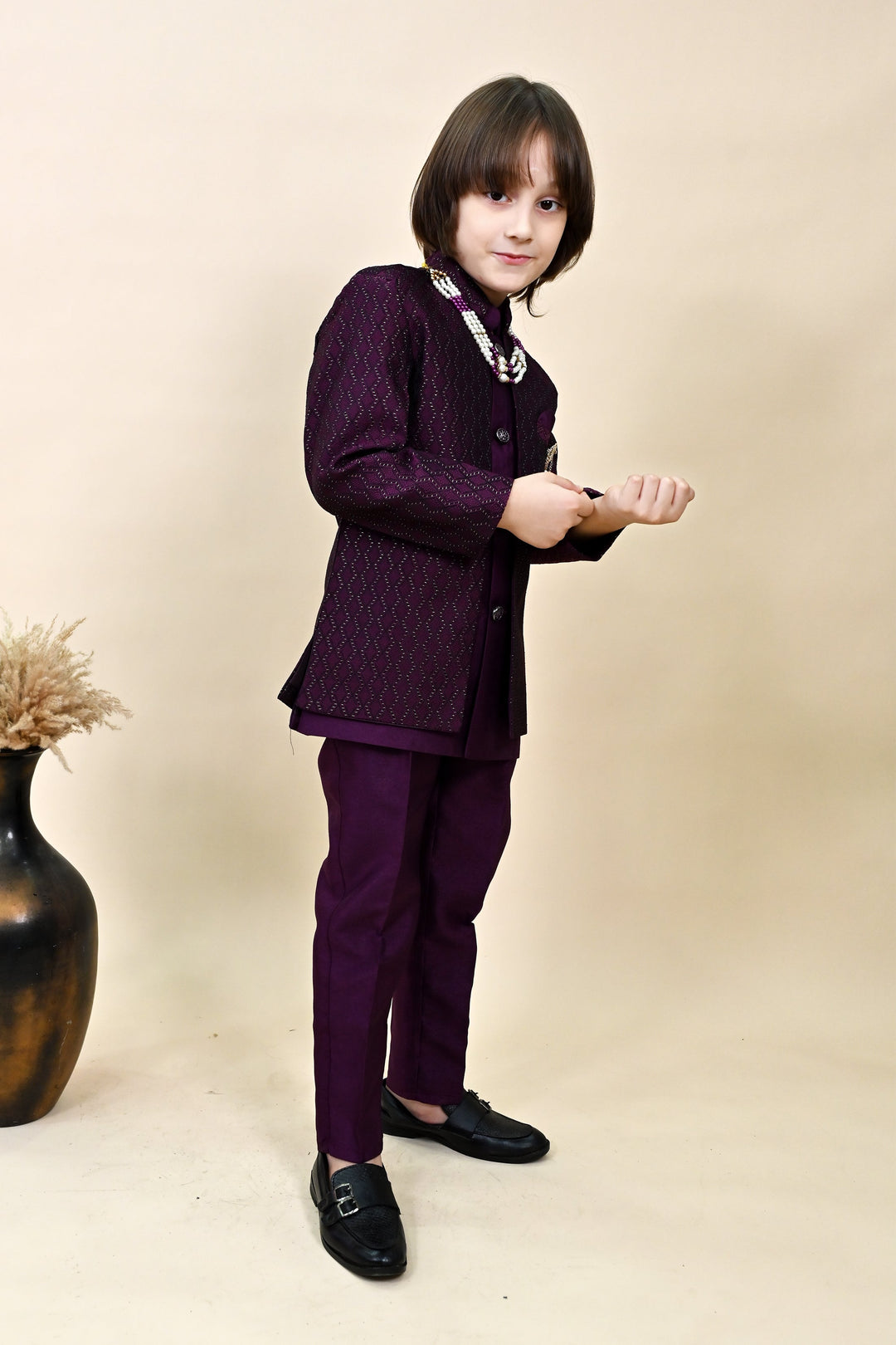 Boys Silk Blend Zigzag Jacquard Embroidered Sherwani Set - Wine  | SHOBITAM
