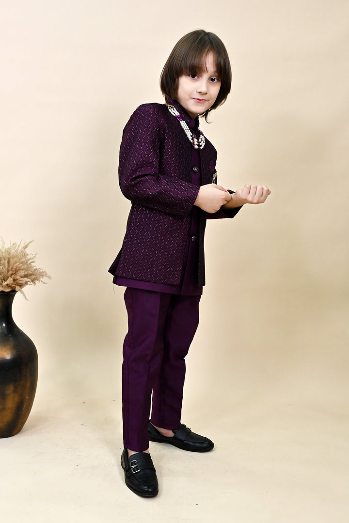 Boys Silk Blend Zigzag Jacquard Embroidered Sherwani Set - Wine  | SHOBITAM