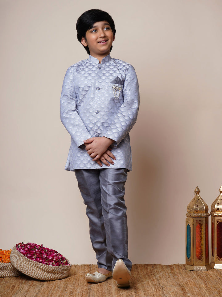 Boys Jacquard Scallop Motifs Sherwani Set with Trousers - Grey  | SHOBITAM
