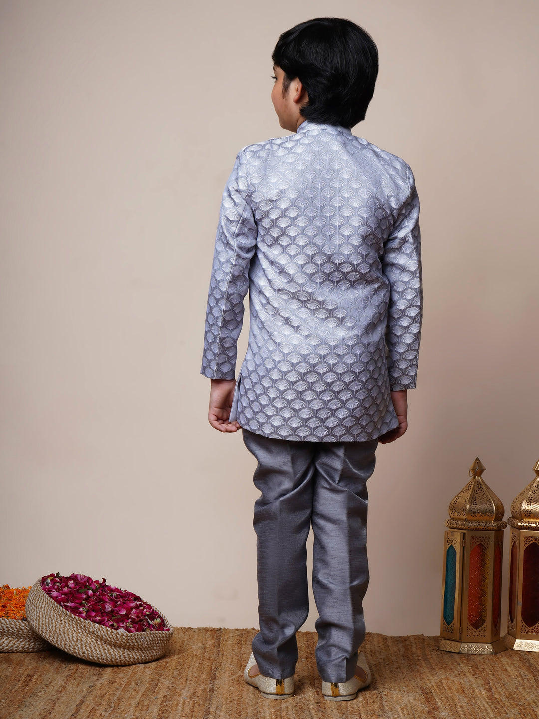 Boys Jacquard Scallop Motifs Sherwani Set with Trousers - Grey  | SHOBITAM