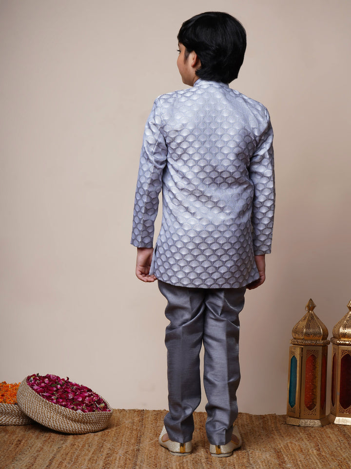 Boys Jacquard Scallop Motifs Sherwani Set with Trousers - Grey  | SHOBITAM