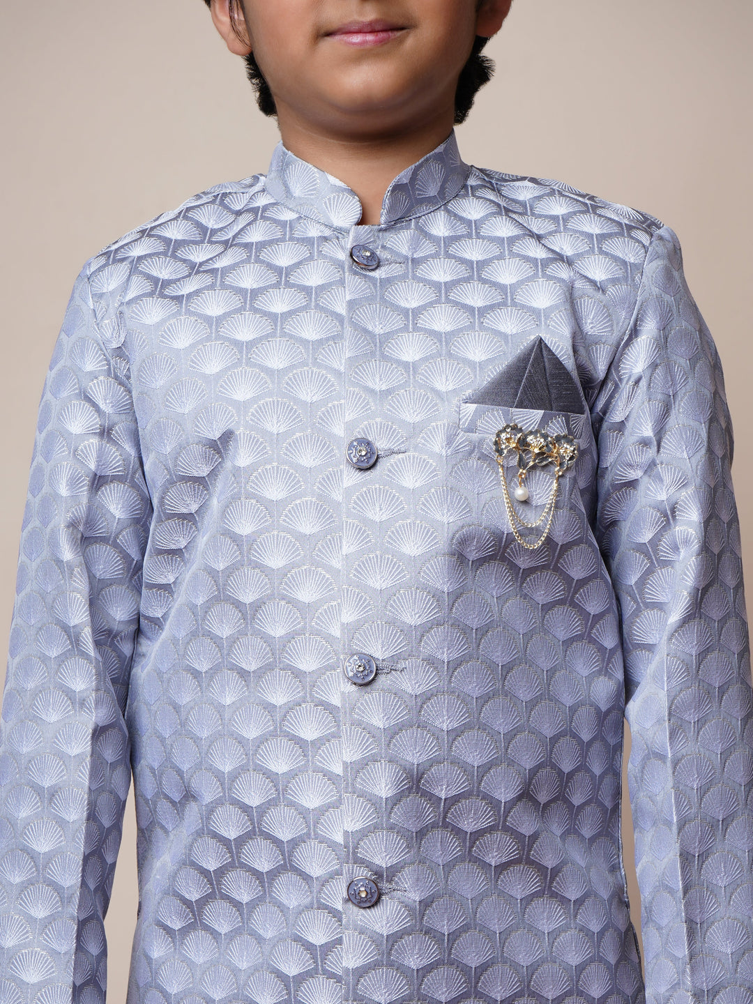 Boys Jacquard Scallop Motifs Sherwani Set with Trousers - Grey  | SHOBITAM