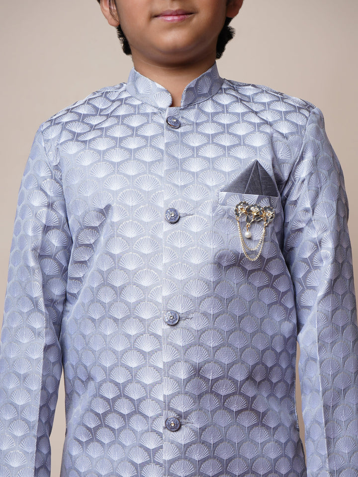 Boys Jacquard Scallop Motifs Sherwani Set with Trousers - Grey  | SHOBITAM