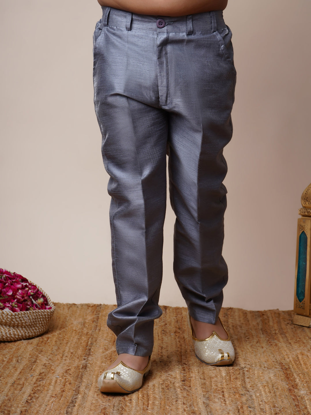 Boys Jacquard Scallop Motifs Sherwani Set with Trousers - Grey  | SHOBITAM