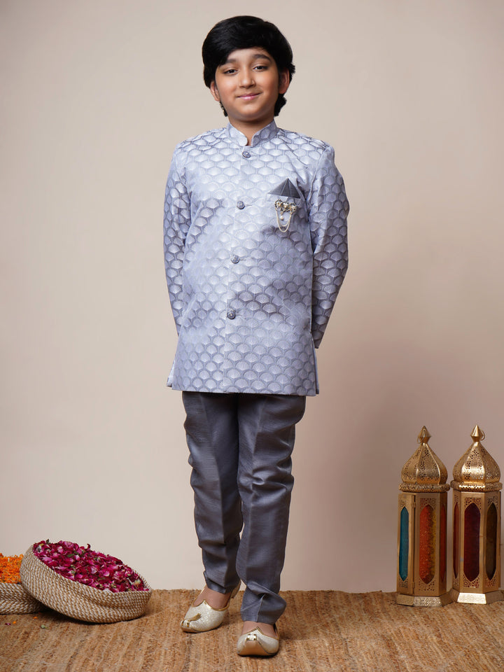 Boys Jacquard Scallop Motifs Sherwani Set with Trousers - Grey  | SHOBITAM
