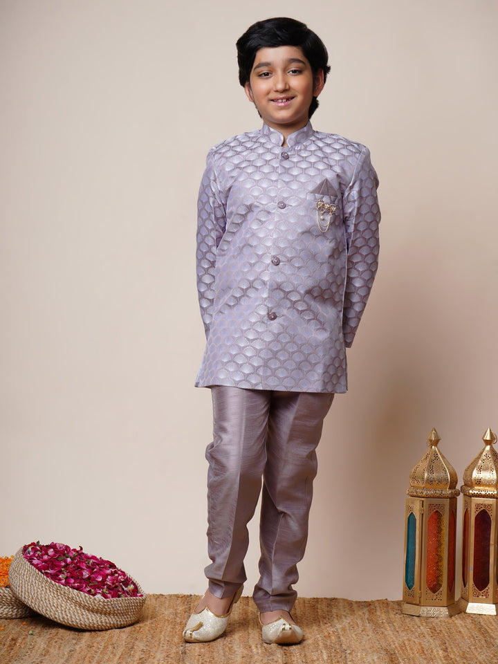 Boys Jacquard Scallop Motifs Sherwani Set with Trousers - Lilac  | SHOBITAM