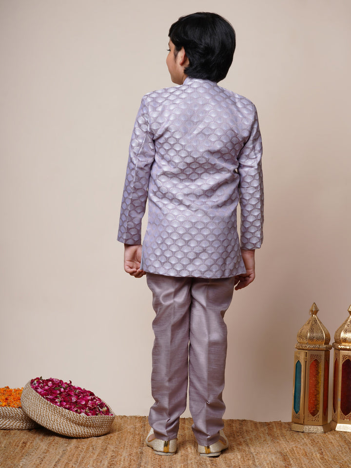 Boys Jacquard Scallop Motifs Sherwani Set with Trousers - Lilac  | SHOBITAM