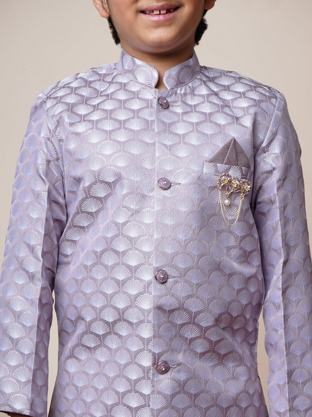 Boys Jacquard Scallop Motifs Sherwani Set with Trousers - Lilac  | SHOBITAM
