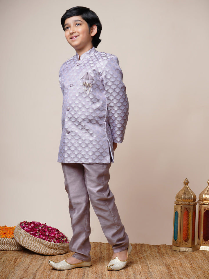 Boys Jacquard Scallop Motifs Sherwani Set with Trousers - Lilac  | SHOBITAM