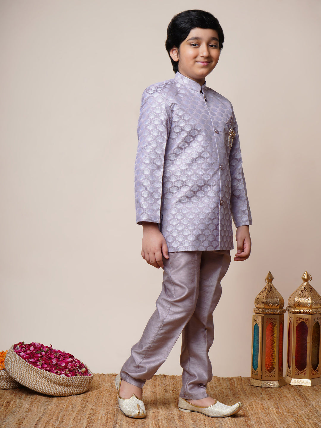 Boys Jacquard Scallop Motifs Sherwani Set with Trousers - Lilac  | SHOBITAM