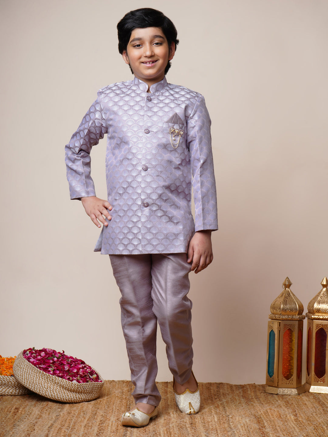 Boys Jacquard Scallop Motifs Sherwani Set with Trousers - Lilac  | SHOBITAM
