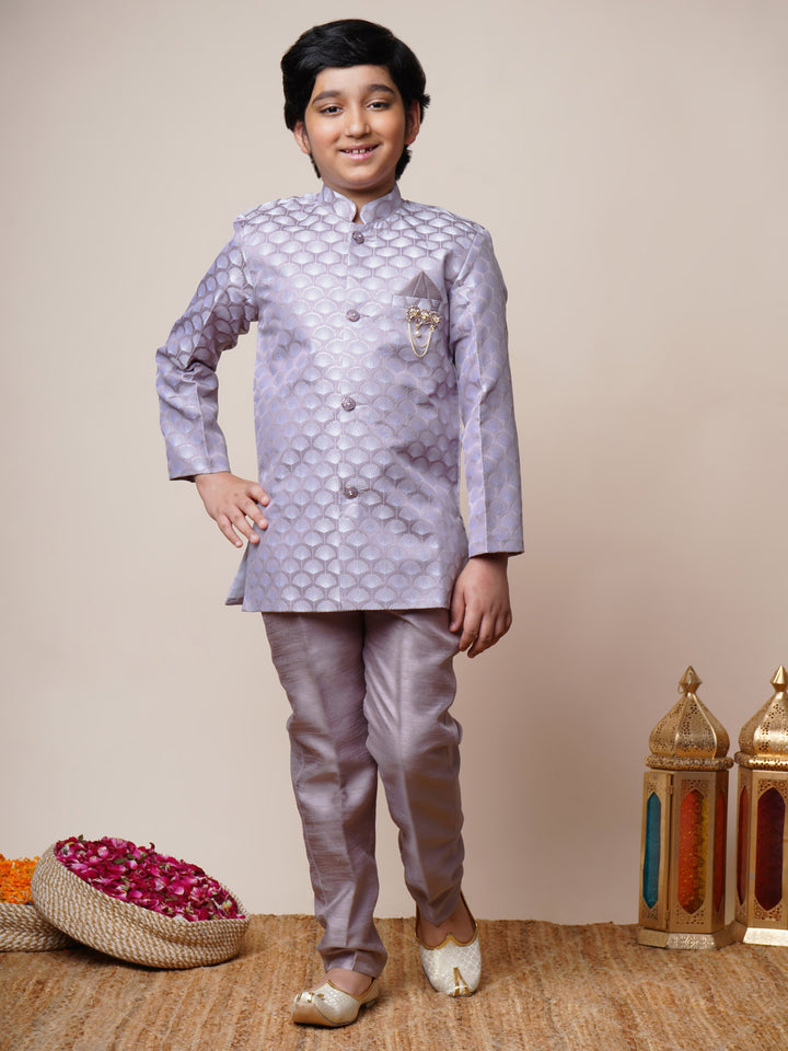 Boys Jacquard Scallop Motifs Sherwani Set with Trousers - Lilac  | SHOBITAM