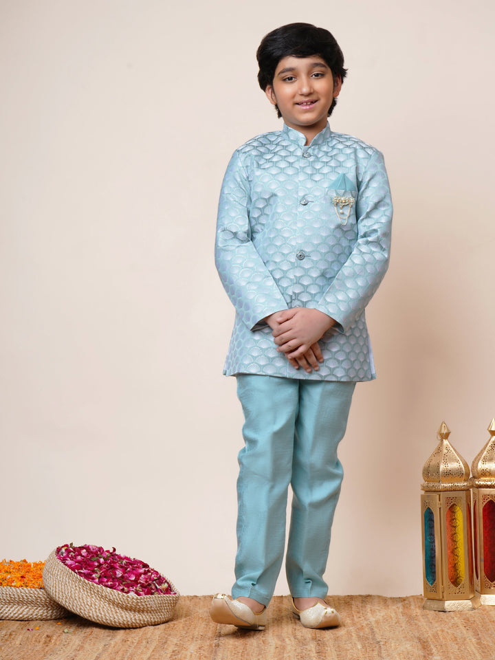 Boys Jacquard Scallop Motifs Sherwani Set with Trousers - Sky Blue | SHOBITAM