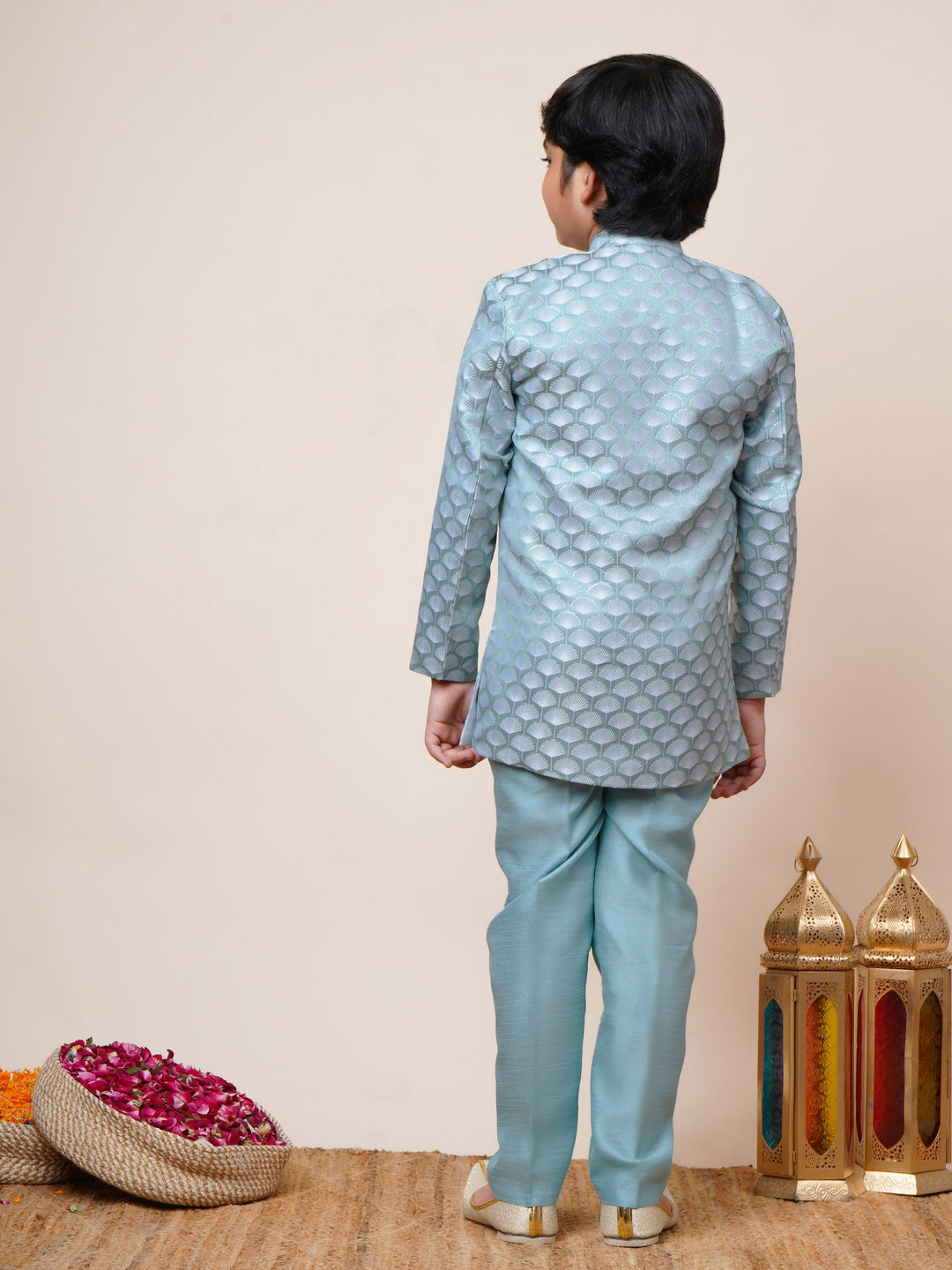 Boys Jacquard Scallop Motifs Sherwani Set with Trousers - Sky Blue | SHOBITAM