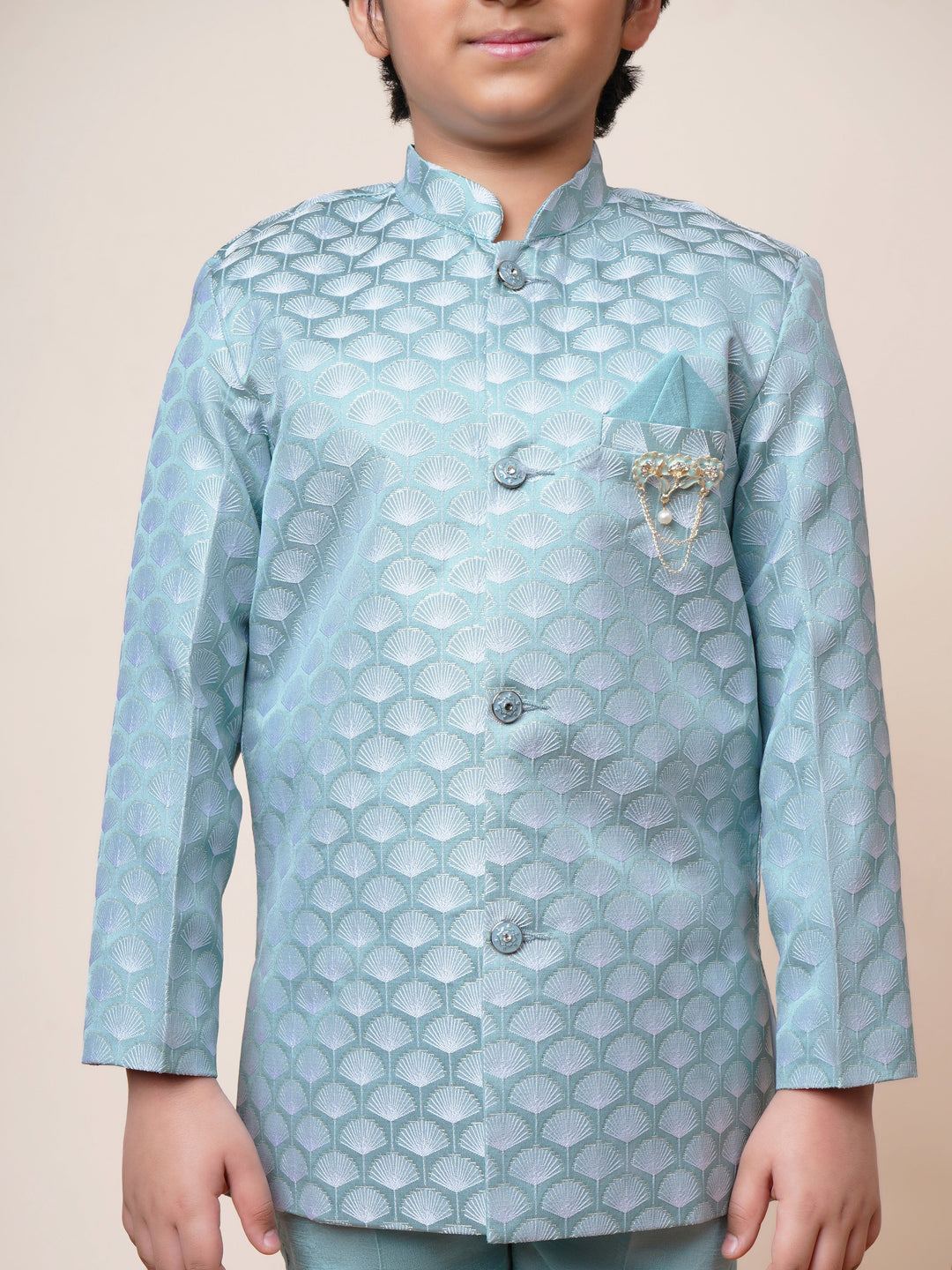 Boys Jacquard Scallop Motifs Sherwani Set with Trousers - Sky Blue | SHOBITAM