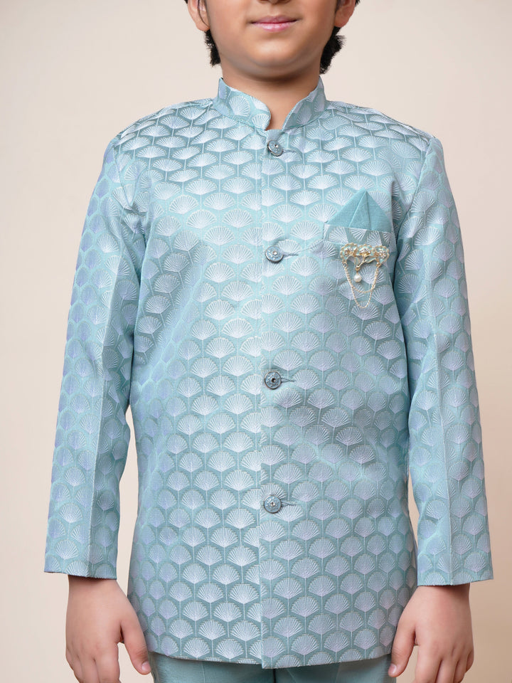 Boys Jacquard Scallop Motifs Sherwani Set with Trousers - Sky Blue | SHOBITAM