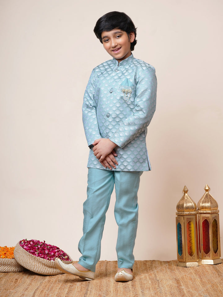 Boys Jacquard Scallop Motifs Sherwani Set with Trousers - Sky Blue | SHOBITAM