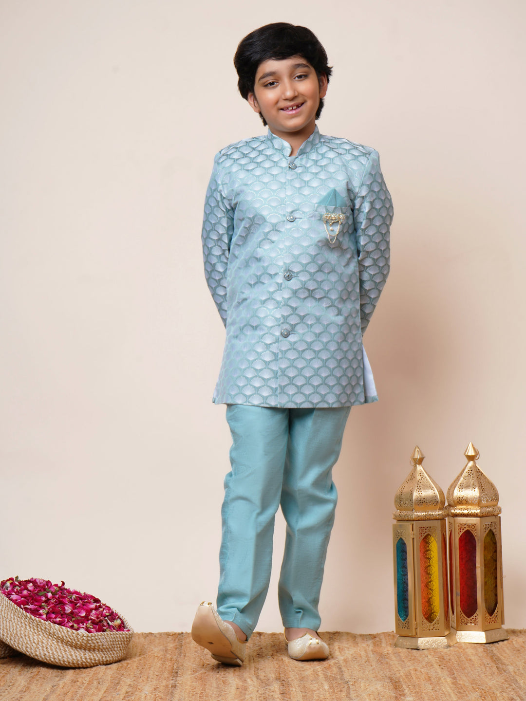 Boys Jacquard Scallop Motifs Sherwani Set with Trousers - Sky Blue | SHOBITAM